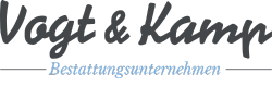 Modernes Logo von Vogt & Kamp Bestattungen, Bestatter Düsseldorf, auf hellem Grund mit Schriftzug "Bestattungsunternehmen" darunter.