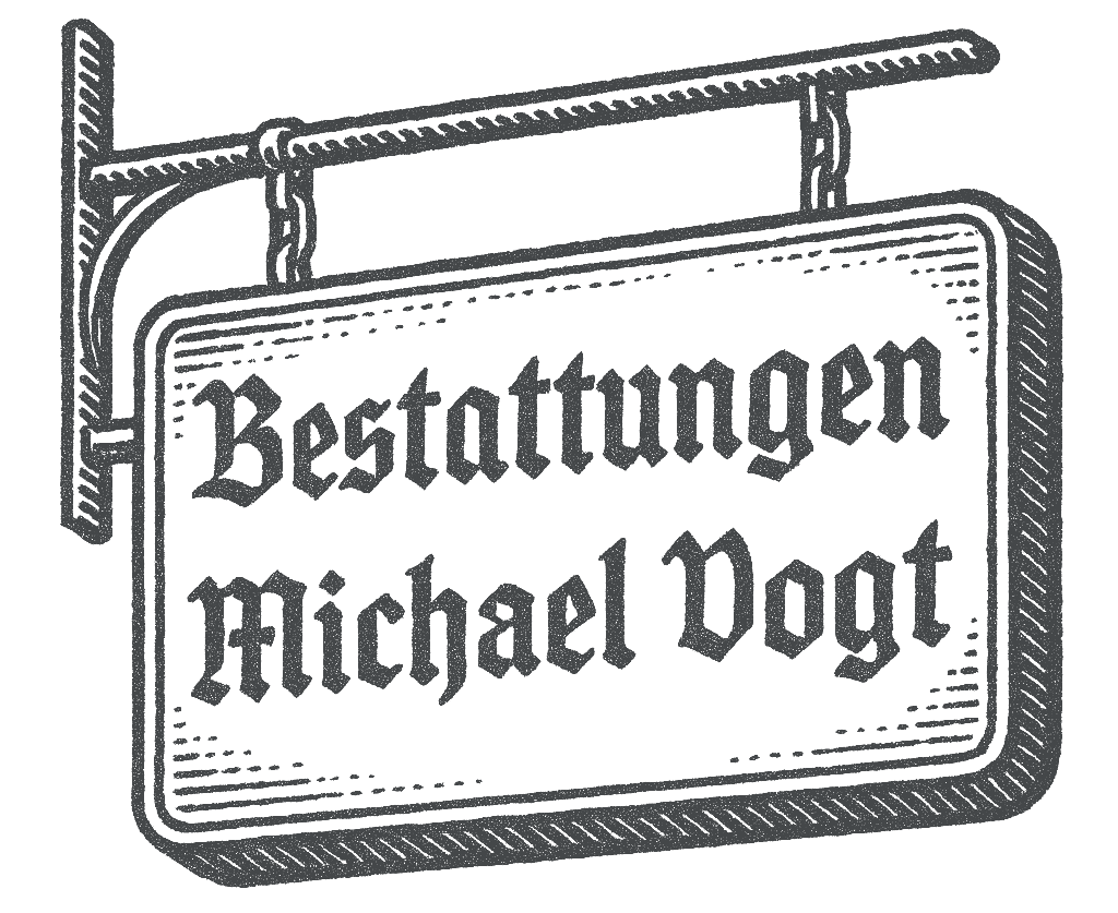 Traditionelles Hängeschild von Bestattungen Michael Vogt - Bestatter Düsseldorf, stilvoll für Bestattung Düsseldorf gestaltet.