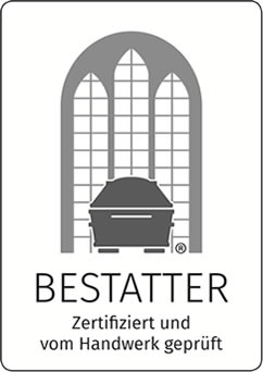 Logo von Vogt & Kamp Bestattungen Düsseldorf: Sarg vor Rundbogen, Text "BESTATTER Zertifiziert und vom Handwerk geprüft".