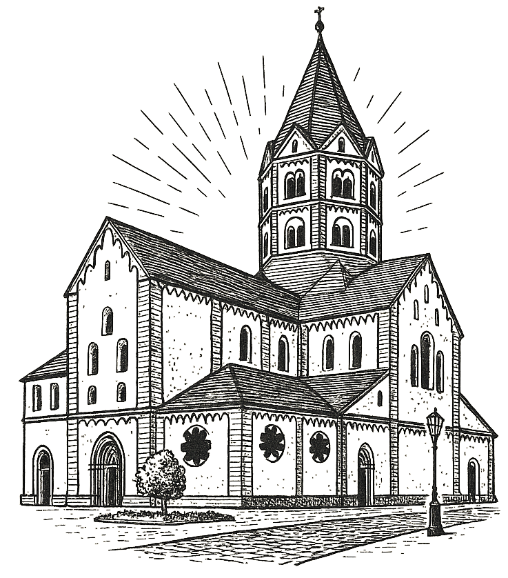 Stilvolle Schwarzweiß-Zeichnung der Gerricus-Kapelle in Düsseldorf, passend für Bestatter Düsseldorf & Bestattung Düsseldorf.