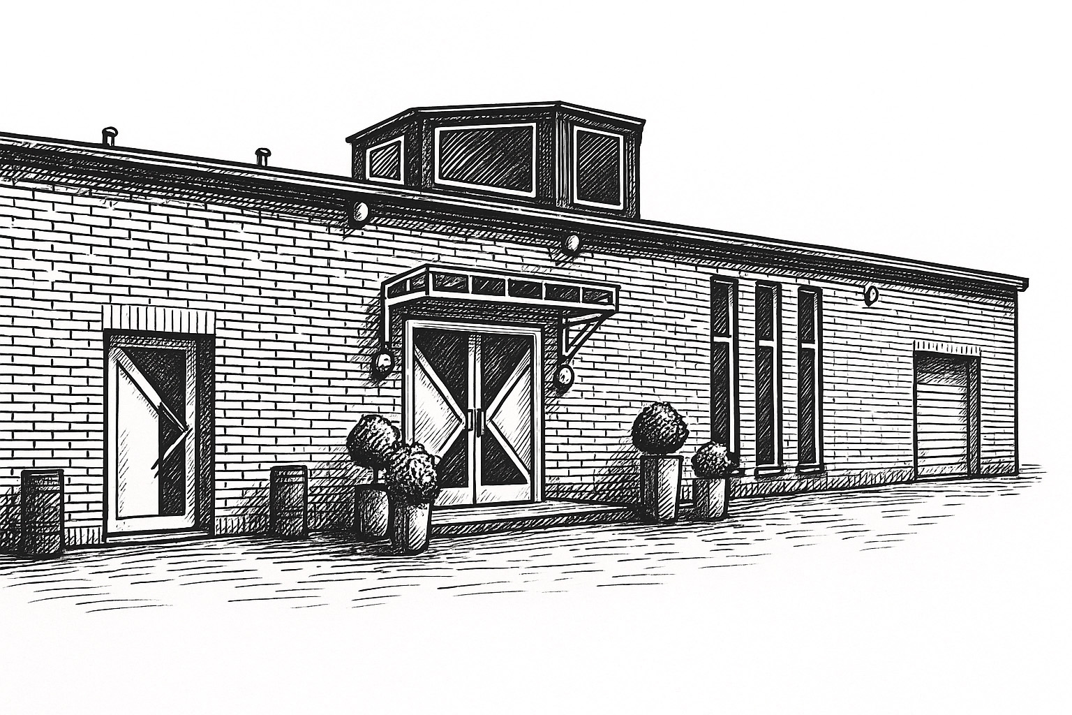 Schwarz-weiße Skizze des Bestattungshauses Vogt & Kamp, moderner Backsteinbau in Düsseldorf. Bestatter Düsseldorf.