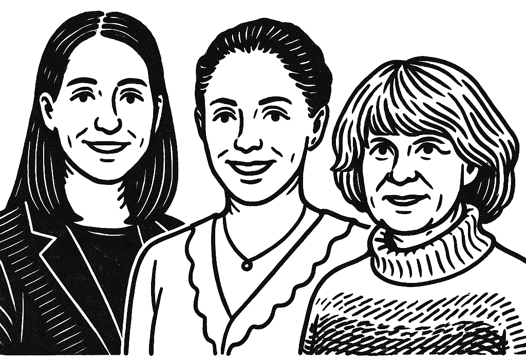 Schwarz-weiß-Darstellung von drei lächelnden Mitarbeiterinnen von Vogt & Kamp Bestattungen, Bestatter Düsseldorf.