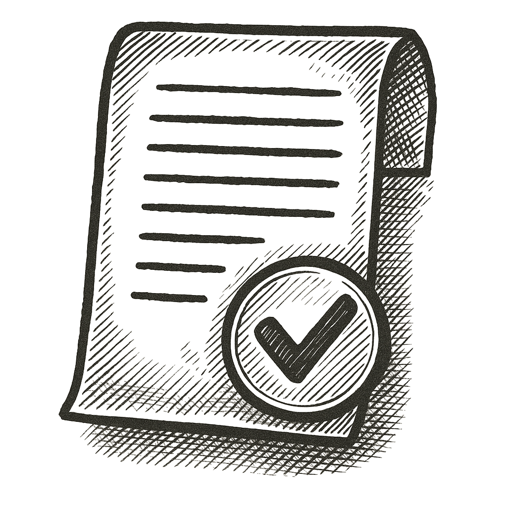 Schwarz-weiße Skizze eines Dokuments mit Häkchen, sinnbildlich für geprüfte Abläufe bei Bestatter Düsseldorf, Bestattung Düsseldorf.