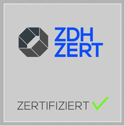 ZDH ZERT-zertifiziertes Logo mit grünem Haken, ideal für Bestatter Düsseldorf und professionelle Bestattung Düsseldorf.