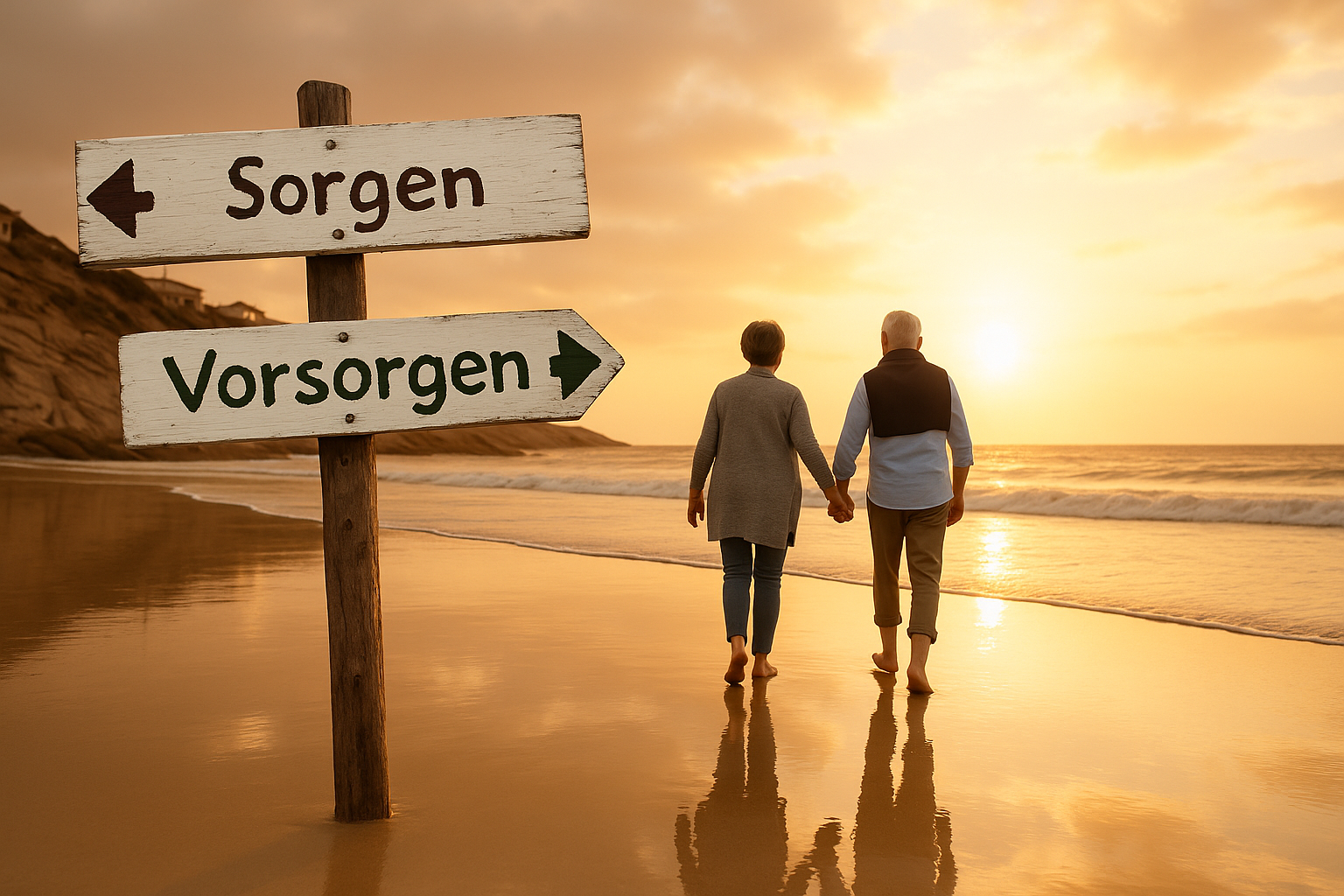 Ein älteres Paar geht Hand in Hand am Strand bei Sonnenuntergang. Schilder mit Sorgen und Vorsorgen verweisen auf Bestattung Düsseldorf.