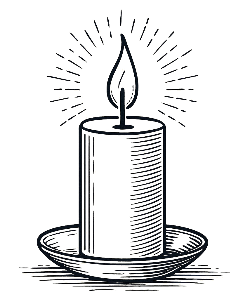 Schlichte schwarz-weiße Zeichnung einer brennenden Kerze auf Teller - Symbol für Bestatter Düsseldorf und würdevolle Bestattung Düsseldorf.