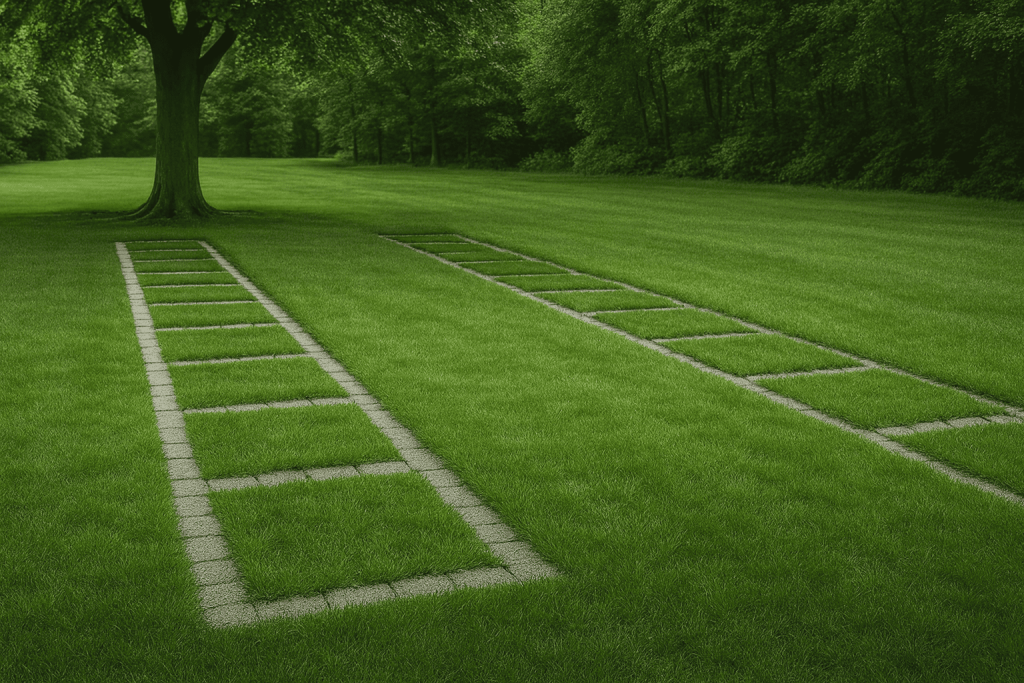 Grüne Wiese mit zwei Stein-Hüpfhäuschen nahe Bäumen - Symbolbild für Natur und Ruhe bei Bestatter Düsseldorf, Bestattung Düsseldorf.