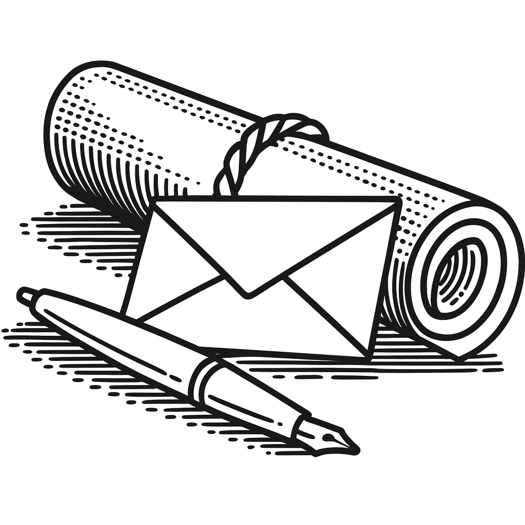 Stilvolle schwarz-weiße Zeichnung: Urkunde, Brief und Füller - Symbolbild für Bestatter Düsseldorf, Bestattung Düsseldorf.