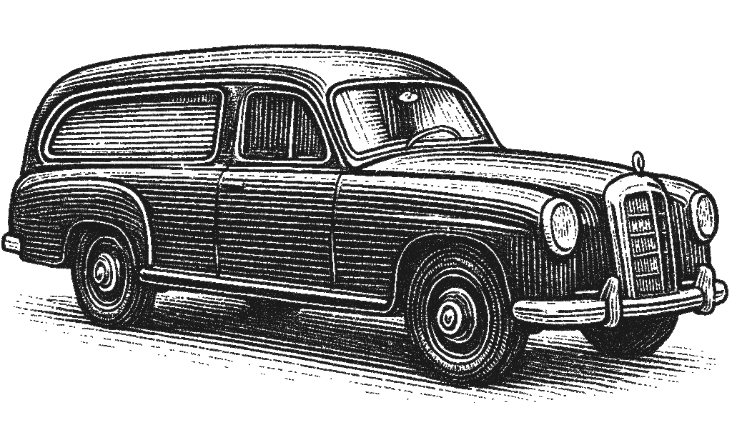 Detailreiche, schwarz-weiße Illustration eines klassischen Kombis - stilvoll für einen Bestatter Düsseldorf und Bestattung Düsseldorf.