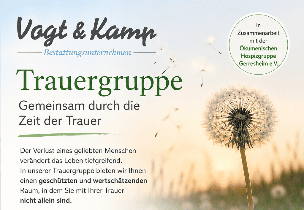 Flyer von Vogt & Kamp Bestattungsunternehmen Düsseldorf: Trauergruppe, Löwenzahn-Motiv, Kontakt für Bestattungen in Düsseldorf und Unterstützung.