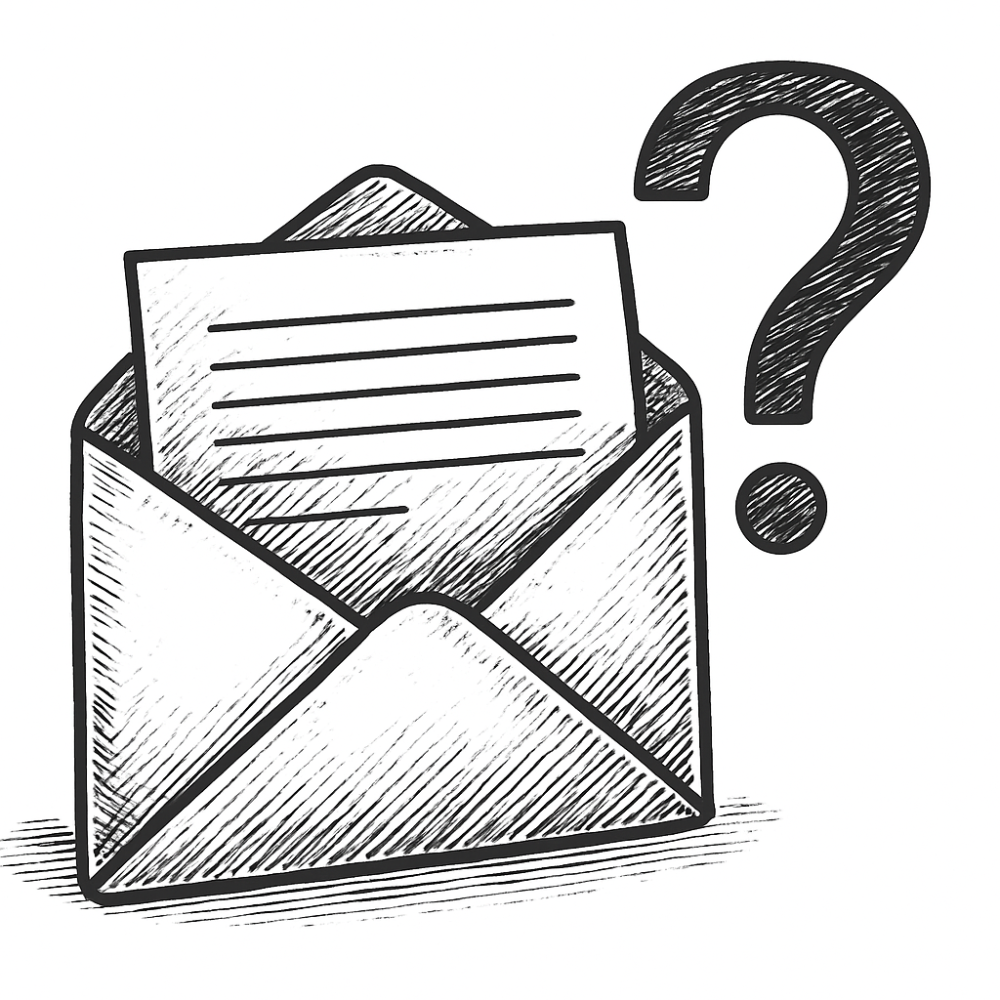 Handgezeichnetes Kuvert mit Brief und großem Fragezeichen, Symbol für offene Fragen zur Bestattung Düsseldorf beim Bestatter.